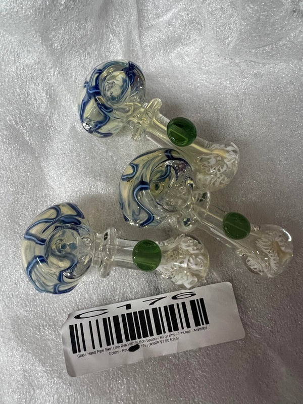 Glass Hand Pipe Swirl Line Rim With Button Spoon - 90 Grams - 4 Inches [C176]